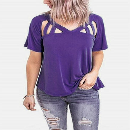 Spring and Summer 2020 New Amazon wish European and American Cross-border Women's Loose V-neck Short-sleeved Hollow T-shirt Top for Women