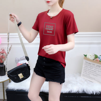 2019 New Square Plaid Summer Multicolor Short-sleeved T-shirt Women's Letters Base Shirt Pullover Round Neck Loose Korean Style