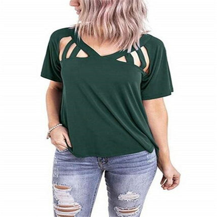 Spring and Summer 2020 New Amazon wish European and American Cross-border Women's Loose V-neck Short-sleeved Hollow T-shirt Top for Women
