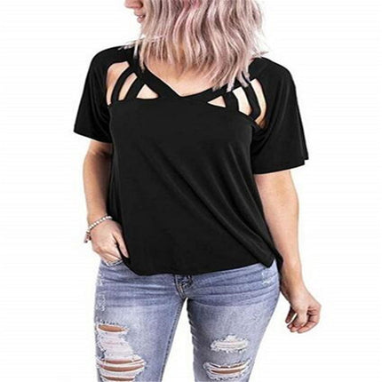 Spring and Summer 2020 New Amazon wish European and American Cross-border Women's Loose V-neck Short-sleeved Hollow T-shirt Top for Women