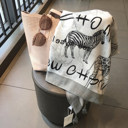 2024 Spring and Summer New Grey Animal World All-match Cotton and Linen Shawl Silk Scarf Beach Towel Holiday Sunscreen Scarf