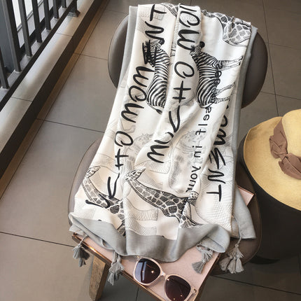 2024 Spring and Summer New Grey Animal World All-match Cotton and Linen Shawl Silk Scarf Beach Towel Holiday Sunscreen Scarf