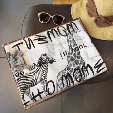 2024 Spring and Summer New Grey Animal World All-match Cotton and Linen Shawl Silk Scarf Beach Towel Holiday Sunscreen Scarf