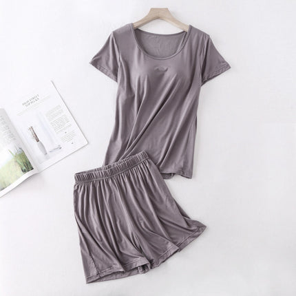 Modal Women's Short-sleeved Pajamas Set with Chest Pad Five-finger Cup Large Size Bra-free Half-sleeved Loose Shorts Home Clothes