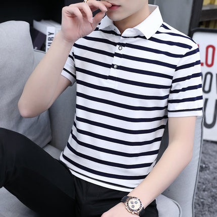 Free Shipping Amazon Cross-Border Summer Men's Striped Short-Sleeve Polo Shirt Large Size Casual Trendy Brand T-Shirt