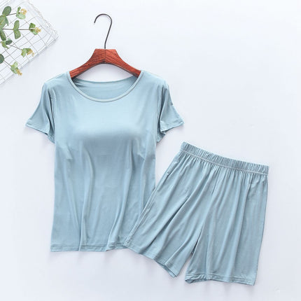 Modal Women's Short-sleeved Pajamas Set with Chest Pad Five-finger Cup Large Size Bra-free Half-sleeved Loose Shorts Home Clothes