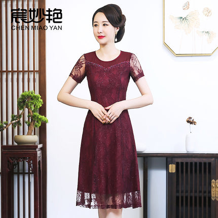 Mom Lace dress Summer wine red Dress Fashion Middle-aged Women's plus size Wedding Dress Wholesale