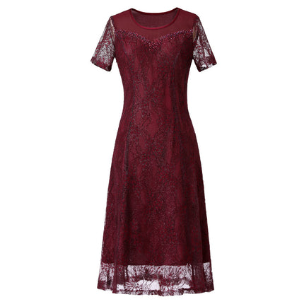 Mom Lace dress Summer wine red Dress Fashion Middle-aged Women's plus size Wedding Dress Wholesale