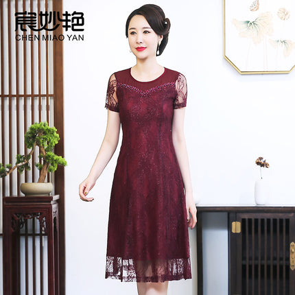 Mom Lace dress Summer wine red Dress Fashion Middle-aged Women's plus size Wedding Dress Wholesale