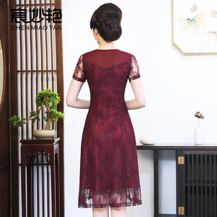 Mom Lace dress Summer wine red Dress Fashion Middle-aged Women's plus size Wedding Dress Wholesale