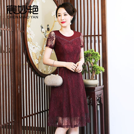 Mom Lace dress Summer wine red Dress Fashion Middle-aged Women's plus size Wedding Dress Wholesale