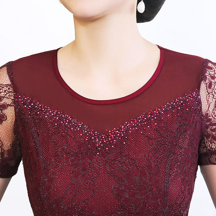 Mom Lace dress Summer wine red Dress Fashion Middle-aged Women's plus size Wedding Dress Wholesale