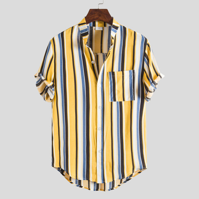 European and American 2020 foreign trade wholesale men's short sleeve shirt striped printing European size collar half sleeve shirt men's cross