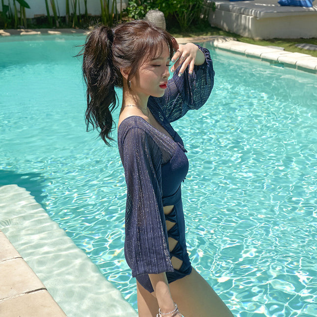 Swimwear Women's Long Sleeve 2022 New South Korea Ins Style Fairy Fan Conjoined Conservative Belly Covering Slimming Hot Spring
