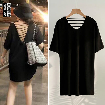Spring and Summer Korean Style Large Size Cow Fruit Green T-shirt Women's Short Sleeve Loose Personality Niche Design Sense Beautiful Back V-neck Top