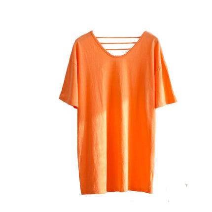 Spring and Summer Korean Style Large Size Cow Fruit Green T-shirt Women's Short Sleeve Loose Personality Niche Design Sense Beautiful Back V-neck Top
