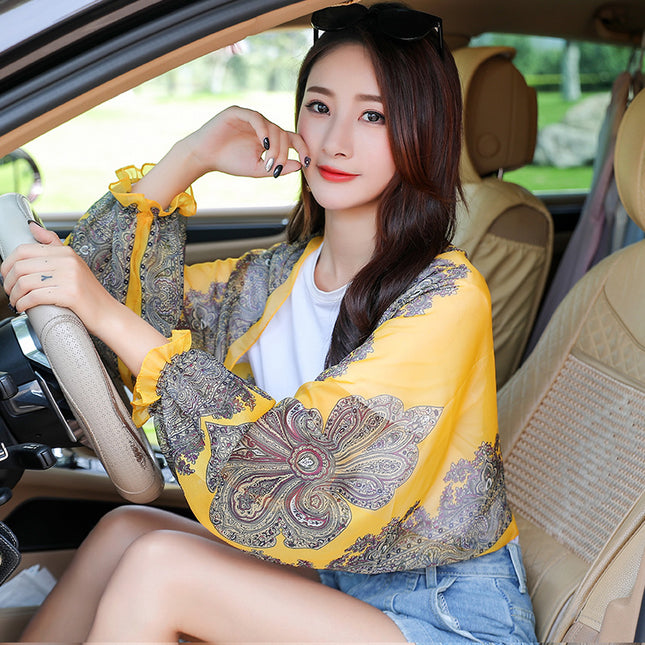 Beach Towel Seaside Dual-Use Riding Sun-Protective Clothing Women's Chiffon Driving Silk Scarf Embroidered Shawl Women's Cape Summer New Style