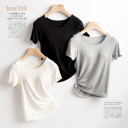bra-t Bra with Chest Pad No Steel Ring Wear-Free Bra Bra with Chest Pad Cup Integrated Yoga Sports T-shirt Short Sleeve Summer and Autumn