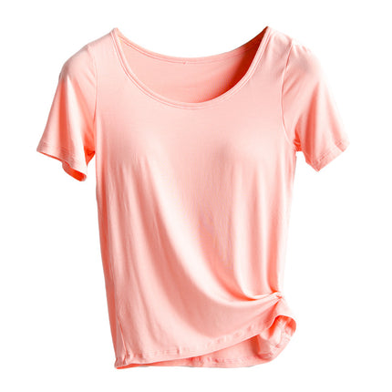 bra-t Bra with Chest Pad No Steel Ring Wear-Free Bra Bra with Chest Pad Cup Integrated Yoga Sports T-shirt Short Sleeve Summer and Autumn