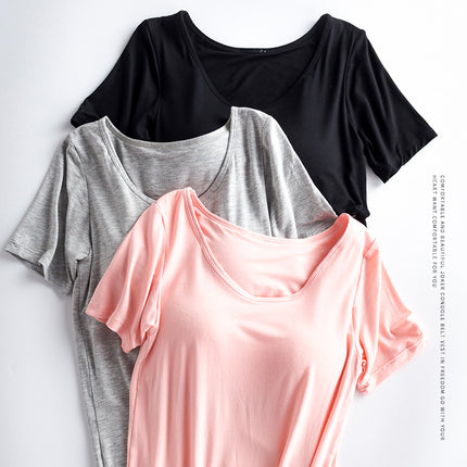 bra-t Bra with Chest Pad No Steel Ring Wear-Free Bra Bra with Chest Pad Cup Integrated Yoga Sports T-shirt Short Sleeve Summer and Autumn