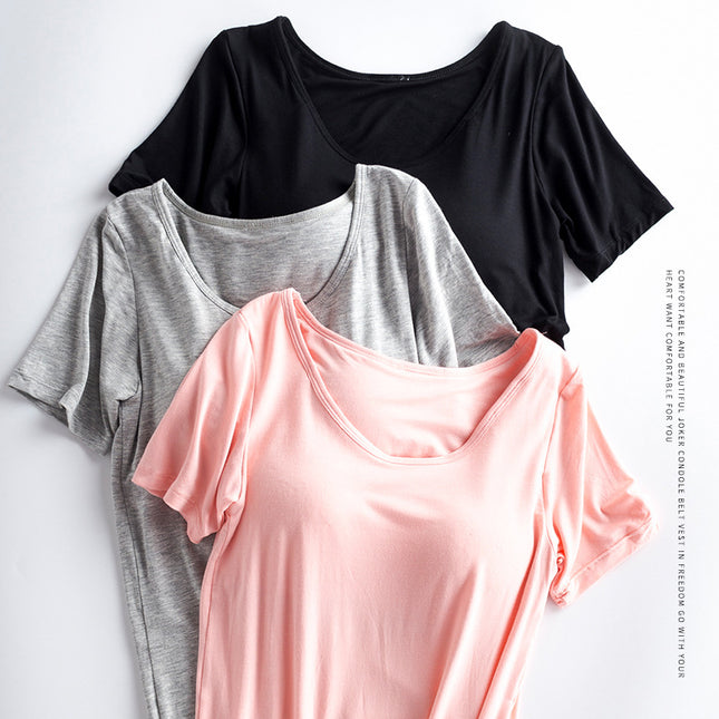 bra-t Bra with Chest Pad No Steel Ring Wear-Free Bra Bra with Chest Pad Cup Integrated Yoga Sports T-shirt Short Sleeve Summer and Autumn