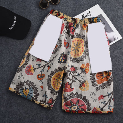Summer new cotton and linen printed five-point men's beach pants casual sports loose plus size shorts men's thin fashion
