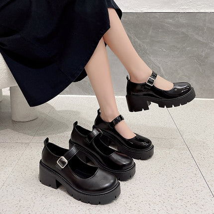 Black Ankle Buckle Platform Pumps Women Japanese Style Patent Leather Mary Jane Shoes Woman Punk Thick Heels Lolita Shoes Mujer