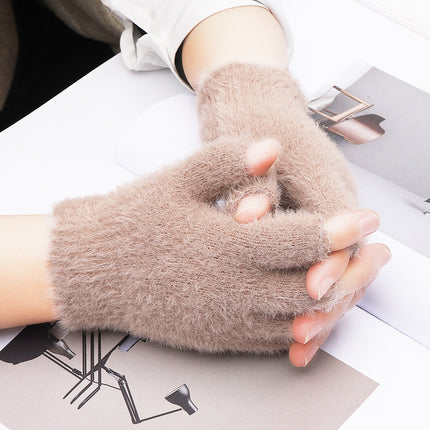 Women's winter warm plush gloves student open finger flip gloves outdoor gloves thickened cold-proof popular online