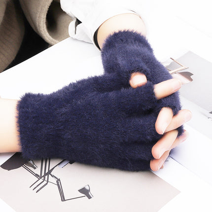 Women's winter warm plush gloves student open finger flip gloves outdoor gloves thickened cold-proof popular online