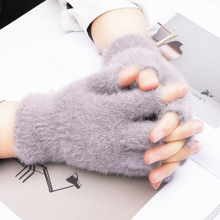 Women's winter warm plush gloves student open finger flip gloves outdoor gloves thickened cold-proof popular online