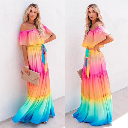 2025 Export New Wish New Printed Long Skirt Dress Amazon Ebay One-Line Collar Cross-Border European and American Dress