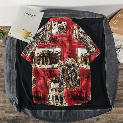 Summer Short-Sleeved Shirt for Men Ins Retro Funny Human Head Personalized Print Trendy Brand Korean Style Loose Shirt Trendy Top