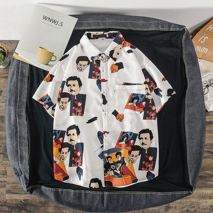 Summer Short-Sleeved Shirt for Men Ins Retro Funny Human Head Personalized Print Trendy Brand Korean Style Loose Shirt Trendy Top