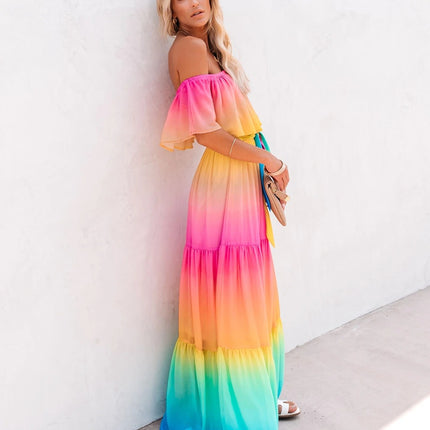 2025 Export New Wish New Printed Long Skirt Dress Amazon Ebay One-Line Collar Cross-Border European and American Dress