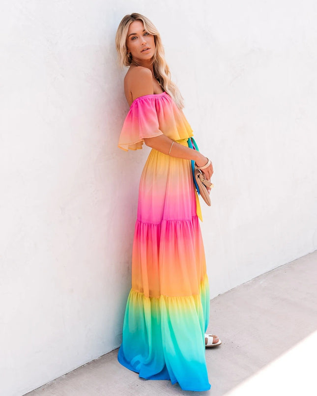 2025 Export New Wish New Printed Long Skirt Dress Amazon Ebay One-Line Collar Cross-Border European and American Dress