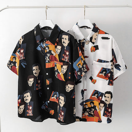 Summer Short-Sleeved Shirt for Men Ins Retro Funny Human Head Personalized Print Trendy Brand Korean Style Loose Shirt Trendy Top
