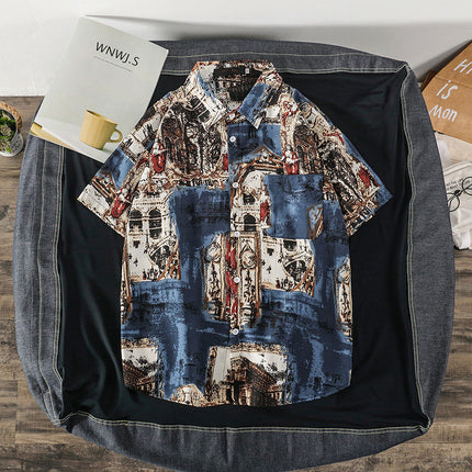 Summer Short-Sleeved Shirt for Men Ins Retro Funny Human Head Personalized Print Trendy Brand Korean Style Loose Shirt Trendy Top