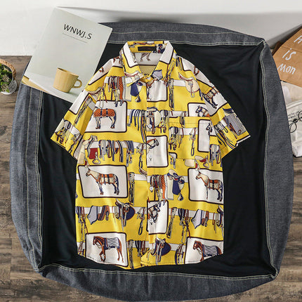 Summer Short-Sleeved Shirt for Men Ins Retro Funny Human Head Personalized Print Trendy Brand Korean Style Loose Shirt Trendy Top