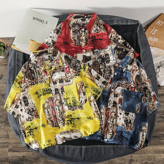 Summer Short-Sleeved Shirt for Men Ins Retro Funny Human Head Personalized Print Trendy Brand Korean Style Loose Shirt Trendy Top