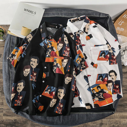Summer Short-Sleeved Shirt for Men Ins Retro Funny Human Head Personalized Print Trendy Brand Korean Style Loose Shirt Trendy Top