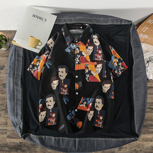 Summer Short-Sleeved Shirt for Men Ins Retro Funny Human Head Personalized Print Trendy Brand Korean Style Loose Shirt Trendy Top