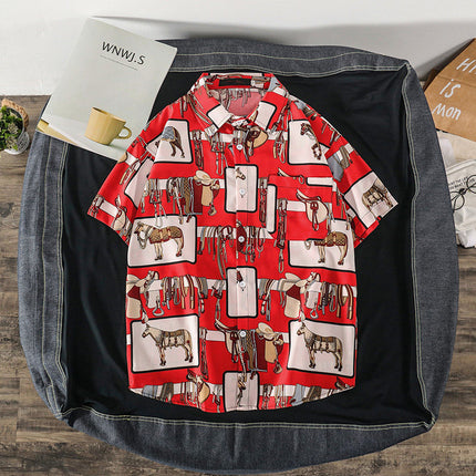 Summer Short-Sleeved Shirt for Men Ins Retro Funny Human Head Personalized Print Trendy Brand Korean Style Loose Shirt Trendy Top