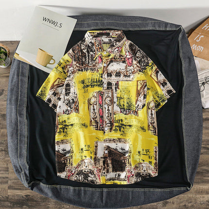 Summer Short-Sleeved Shirt for Men Ins Retro Funny Human Head Personalized Print Trendy Brand Korean Style Loose Shirt Trendy Top