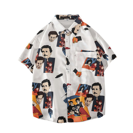 Summer Short-Sleeved Shirt for Men Ins Retro Funny Human Head Personalized Print Trendy Brand Korean Style Loose Shirt Trendy Top
