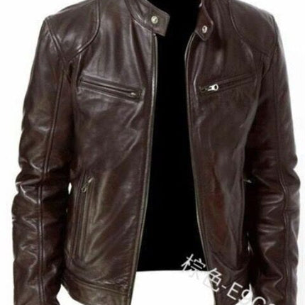 Foreign Trade Business Gentleman Warm Zipper Cardigan Pocket Decorative PU Leather Jacket Stand Collar Slim Fit Zipper Leather Jacket