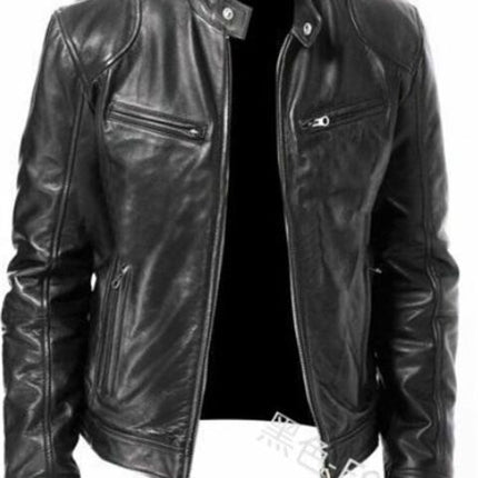 Foreign Trade Business Gentleman Warm Zipper Cardigan Pocket Decorative PU Leather Jacket Stand Collar Slim Fit Zipper Leather Jacket