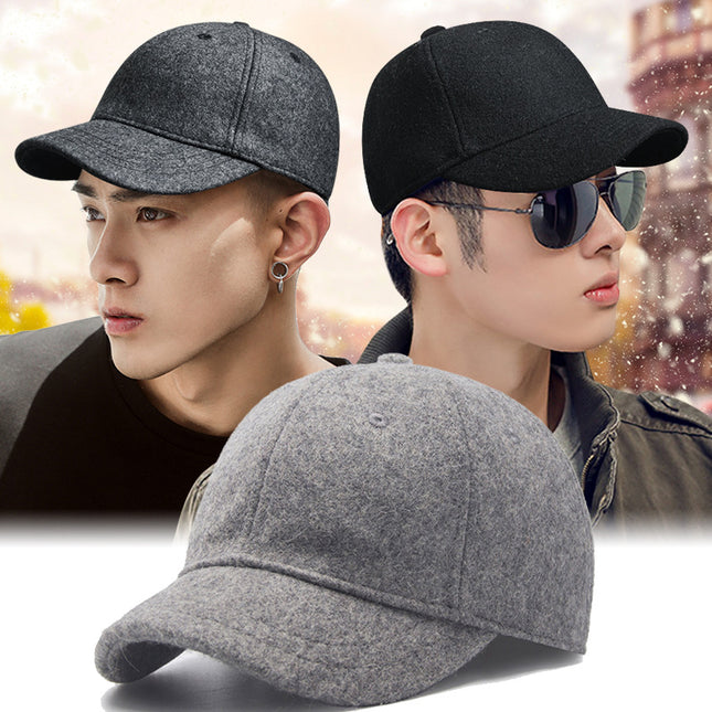 Hat Men's Autumn and Winter Short-brimmed Woolen Baseball Cap All-match Casual Warm fleece-lined Cap Japanese Style Thickened Equestrian Cap