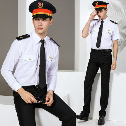 Factory direct flight attendant new railway uniform men's railway overalls uniform white shirt short sleeve security clothing