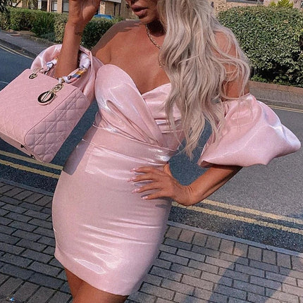 LN231 in stock explosion European and American women 2022 Word collar shoulder fold sexy lamp sleeve tentate dress