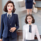 Blue striped coat + skirt +3028 white long sleeve shirt / S